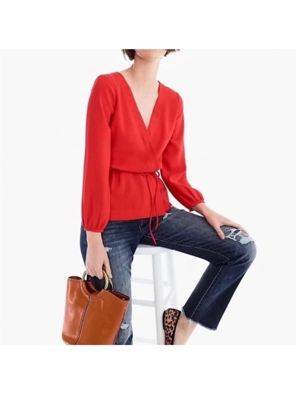 J. Crew Crepe Red Wrap Tie Front Blouse Size 00P